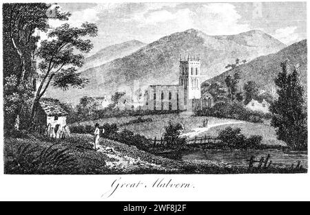 Un'incisione di Great Malvern, Worcestershire UK, scansionata ad alta risoluzione da un libro stampato nel 1806. Credevo libero da copyright. Foto Stock