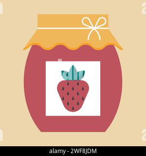 Marmellata di fragole in vaso di vetro cartone animato Vector Illustrazione Vettoriale