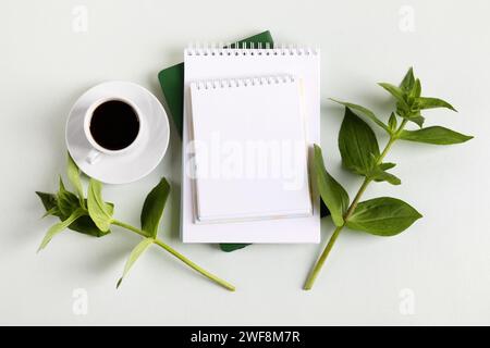 Composizione con blocco note vuoto aperto, tazza di caffè nero, foglie verdi su sfondo grigio. Ciao, primavera. Tazza di caffè mattutina. Foto Stock