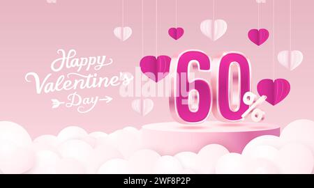 Buon San Valentino, Mega saldi, offerta speciale, banner sconto 60. Promozione cartello. Vettore Illustrazione Vettoriale