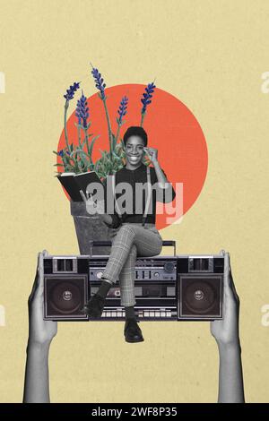 Collage di riviste immagine di una donna sorridente felice che legge un libro vacanze weekend di svago primavera isolato su sfondo di disegno Foto Stock