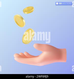 Simbolo del set di icone mano e moneta in oro 3D. Simbolo del denaro d'oro vuoto a rotazione. Reddito, risparmio, investimenti, ricchezza. Concetto di successo aziendale. iso vettoriale 3D. Illustrazione Vettoriale
