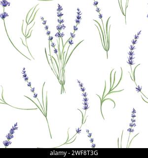 Motivo senza cuciture con fiori viola alla lavanda. Acquerello sfondo illustrato disegnato a mano con piante floreali stilizzate. Modello per fabriks e wal Foto Stock