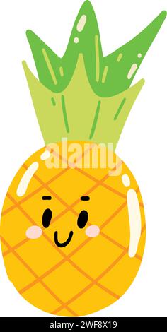 Simpatico ananas disegnato a mano sorridente. Kawaii divertente personaggio di frutta per bambini. Illustrazione Vettoriale
