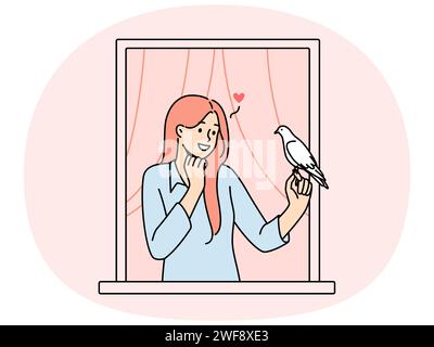 Donna sorridente in casa finestra tenendo piccione in mano. Ragazza innamorata che invia lettera d'amore con l'uccello. Illustrazione vettoriale. Illustrazione Vettoriale