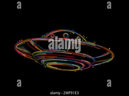 Disegno a disco volante, UFO, disegno a mano vettoriale stilizzato in colori su nero Illustrazione Vettoriale