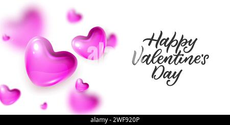 Banner, poster, biglietti d'auguri per le festività di San Valentino. Scritte calligrafiche disegnate a mano, cuori in vetro 3d rosa sfocato. Illustrazione Vettoriale