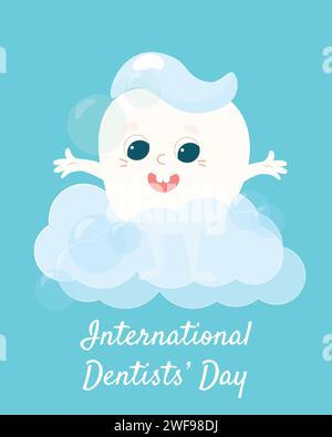 Biglietto d'auguri per la giornata internazionale del dentista. Un piccolo dente sano per bambini con dentifricio sopra. Il dente sorride felicemente. Illustrazione Vettoriale