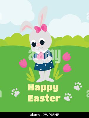 Easter card. Un coniglio molto carino si trova vicino ai fiori e tiene in mano un uovo colorato. Personaggi in stile cartone animato isolati su sfondo bianco. Illustrazione Vettoriale