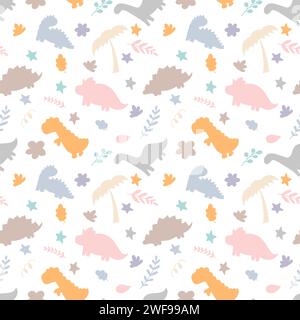 Сhildish modello senza cuciture con dinosauri. Sfondo carino. Dino. Stampa con dinosauro per tessuti e tessuti per bambini. Illustrazione vettoriale Foto Stock
