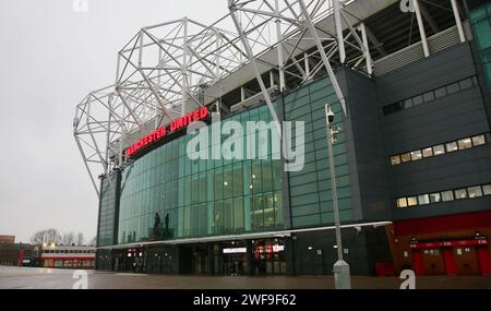 Una vista ravvicinata dell'Old Trafford Stadium e della casa del Manchester United, Stretford, Manchester, Regno Unito lunedì 29 gennaio 2024 Foto Stock