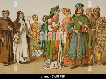 Storia dell'Italia. 1200. Da sinistra a destra, 3: Francescano, 4: Domenicano, 5: Cardinale legato, 6: vescovo in abito da viaggio, 7: dame veneziana, 8: dame italiana, 9: Cavaliere veneziano, 10: Vestito da gente comune, 11: Guerriero. Cromolitografia. Historia Universal, di César Cantú. Volume vi, 1885. Foto Stock