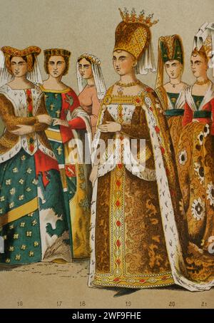 Storia della Francia. 1300. Da sinistra a destra, 16: signora, 17: principessa, 18: signora, 19-20-21: Isabella di Baviera (moglie di re Carlo vi) e signore del suo seguito. Cromolitografia. Dettagli. Historia Universal, di César Cantú. Volume vi, 1885. Foto Stock