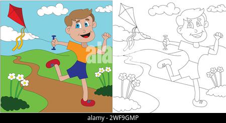 Boy Flying a Kite Coloring Page Illustrazione Vettoriale