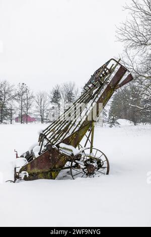 Caricatore di fieno trainato da cavalli in una fattoria Amish in inverno nella contea di Mecosta, Michigan, Stati Uniti [nessun rilascio di proprietà; solo licenze editoriali] Foto Stock