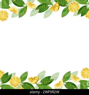 Illustrazione acquerello. Cornice quadrata con fette e fette di limone e foglie verdi. Tutti gli elementi sono dipinti a mano con acquerelli. Per la stampa Foto Stock