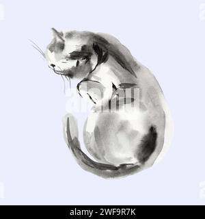 Schizzo astratto di gatto, macchie di animali, forme bellissime, tavolozza di colori pastello. Illustrazione acquerello di animali che dormono e che giace. Foto Stock