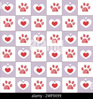 Grazioso motivo lilla a quadri e cuori rossi con impronte di zampe Illustrazione Vettoriale
