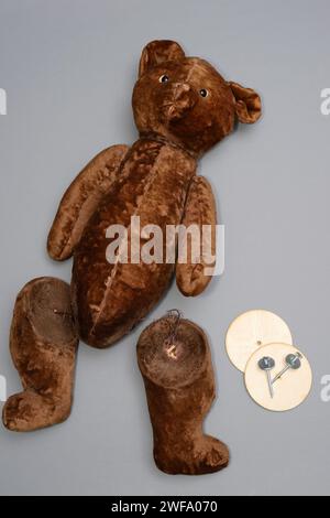 birra peluche rotta con zampe tagliate su uno sfondo neutro Foto Stock