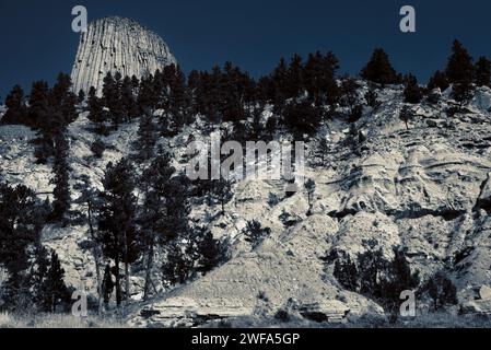 La devil's Tower si erge sopra una scogliera erosa, un trattamento monocromatico (due colori) per simulare una notte illuminata dalla luna Foto Stock