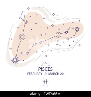 Pisces costellazione di stelle in stile minimalista. Design astrologico magico. Boho esoterico illustrazione vettoriale mistica isolata su sfondo bianco Illustrazione Vettoriale