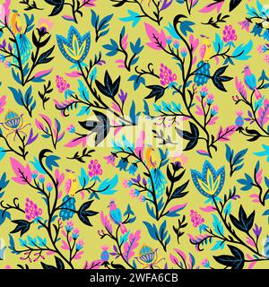 Motivo floreale ornamentale con elementi floreali stilizzati e uccelli fantasiosi. Illustrazione vettoriale. Illustrazione Vettoriale