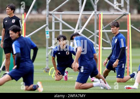 Al Erssal6, Doha, Qatar. 29 gennaio 2024. Kaoru Mitoma (JPN), 29 gennaio 2024 - calcio/calcio : sessione di allenamento della nazionale giapponese durante la AFC Asian Cup 2023 ad al Erssal6, Doha, Qatar. Credito: AFLO/Alamy Live News Foto Stock