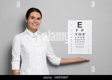 Oftalmologo che mostra il grafico del test di visione su parete grigia Foto Stock