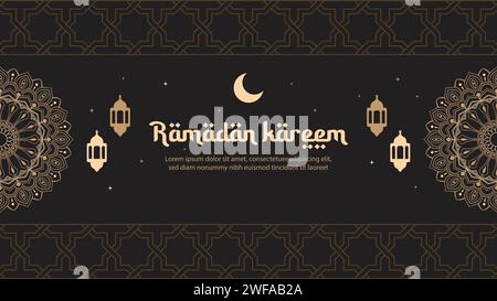 Sfondo del biglietto d'auguri Ramadan Kareem con lanterna, luna a mezzaluna, mandala e ornamenti islamici di colore marrone dorato. Illustrazione Vettoriale