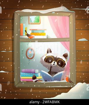 Carino Raccoon in inverno leggendo il libro alla finestra Illustrazione Vettoriale