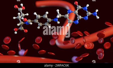 Rendering 3d della molecola di acido folico, nota anche come vitamina B9, aiuta il corpo a produrre globuli rossi sani. Foto Stock