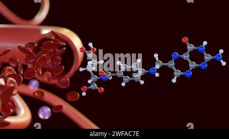 Rendering 3d della molecola di acido folico, nota anche come vitamina B9, aiuta il corpo a produrre globuli rossi sani. Foto Stock