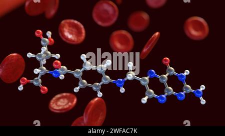 Rendering 3d della molecola di acido folico, nota anche come vitamina B9, aiuta il corpo a produrre globuli rossi sani. Foto Stock