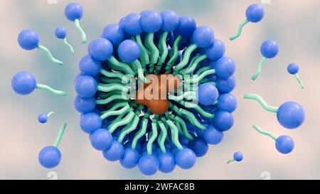 il rendering 3d delle molecole di sapone forma strutture chiamate micelle. forma un'emulsione nell'acqua e aiuta a sciogliere lo sporco quando lavamo il panno Foto Stock