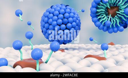 il rendering 3d delle molecole di sapone forma strutture chiamate micelle. forma un'emulsione nell'acqua e aiuta a sciogliere lo sporco quando lavamo il panno Foto Stock