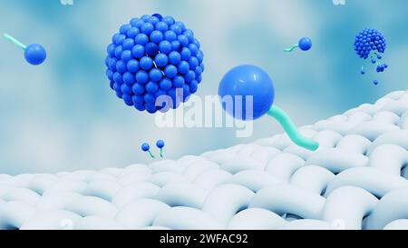 il rendering 3d delle molecole di sapone forma strutture chiamate micelle. forma un'emulsione nell'acqua e aiuta a sciogliere lo sporco quando lavamo il panno Foto Stock