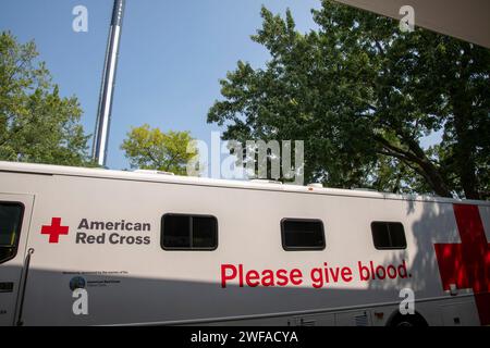 Falcon Heights, Minnesota, USA. Veicolo mobile per il prelievo di sangue alla fiera dello stato del Minnesota per le donazioni di sangue. Foto Stock