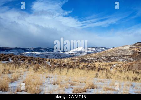 28 gennaio 2024: Appena a monte del Blue Mesa Reservoir, l'alto deserto del Colorado e l'Hartman Rocks Recreation area forniscono un importante deflusso primaverile al fiume Gunnison. Il Blue Mesa Reservoir del Colorado centrale e la Gunnison Valley sono importanti risorse idriche occidentali e sono monitorate molto da vicino durante l'inverno per verificare la presenza di importanti previsioni sul deflusso delle cime nevose che interessano le comunità a valle più avanti in primavera e in estate. Gunnison, Colorado Foto Stock