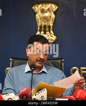 Nuova Delhi, India. 29 gennaio 2024. NUOVA DELHI, INDIA - GENNAIO 29: Arvind Kejriwal, primo Ministro di Delhi, ha tenuto una conferenza stampa sulla nuova politica solare presso il Segretariato di Delhi il 29 gennaio 2024 a nuova Delhi, India. (Foto di Sanchit Khanna/Hindustan Times/Sipa USA) credito: SIPA USA/Alamy Live News Foto Stock