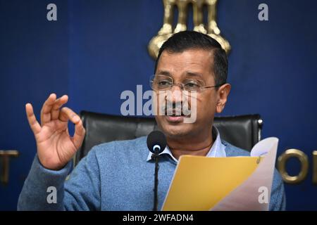 Nuova Delhi, India. 29 gennaio 2024. NUOVA DELHI, INDIA - GENNAIO 29: Arvind Kejriwal, primo Ministro di Delhi, ha tenuto una conferenza stampa sulla nuova politica solare presso il Segretariato di Delhi il 29 gennaio 2024 a nuova Delhi, India. (Foto di Sanchit Khanna/Hindustan Times/Sipa USA) credito: SIPA USA/Alamy Live News Foto Stock