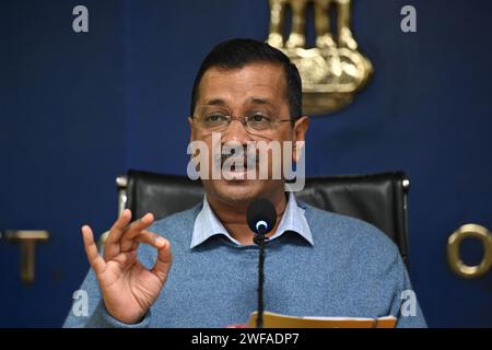 Nuova Delhi, India. 29 gennaio 2024. NUOVA DELHI, INDIA - GENNAIO 29: Arvind Kejriwal, primo Ministro di Delhi, ha tenuto una conferenza stampa sulla nuova politica solare presso il Segretariato di Delhi il 29 gennaio 2024 a nuova Delhi, India. (Foto di Sanchit Khanna/Hindustan Times/Sipa USA) credito: SIPA USA/Alamy Live News Foto Stock