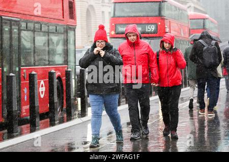 Londra, Regno Unito. 23 gennaio 2024. I membri del pubblico sul Westminster Bridge nel centro di Londra sono colti dalla pioggia. (Immagine di credito: © Steve Taylor/SOPA Images via ZUMA Press Wire) SOLO USO EDITORIALE! Non per USO commerciale! Foto Stock