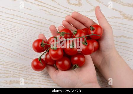 Mazzo di rossi maturi gustosi pomodori ciliegia a portata di mano Foto Stock