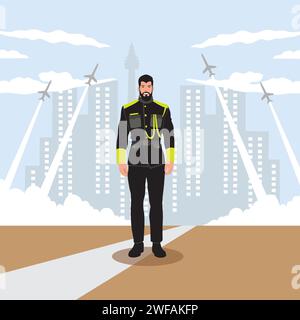 Illustrazione vettoriale di un generale dell'esercito sullo sfondo della città. Illustrazione Vettoriale