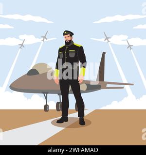 Illustrazione vettoriale di un pilota in piedi sulla pista con un velivolo. Illustrazione Vettoriale