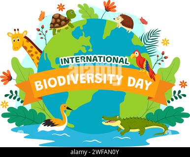 Illustrazione vettoriale della giornata mondiale della biodiversità con diversità biologica, Terra e i vari animali in natura sfondo di cartone animato piatto Illustrazione Vettoriale