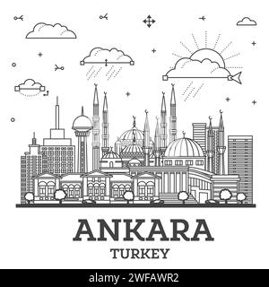 Delineare lo skyline di Ankara Turkey City con edifici storici isolati su White. Illustrazione vettoriale. Il paesaggio urbano di Ankara con i suoi punti di riferimento. Illustrazione Vettoriale