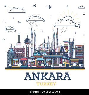 Delineare lo skyline di Ankara Turkey City con edifici storici colorati isolati su bianco. Illustrazione vettoriale. Il paesaggio urbano di Ankara con i suoi punti di riferimento. Illustrazione Vettoriale