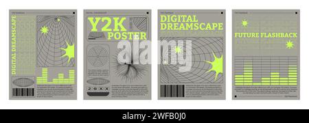Set di volantini dall'atmosfera retrò e futuristica. Illustrazione vettoriale realistica dei poster estetici y2k con equalizzatore giallo, struttura a reticolo, stelle a colori, pianeta, icone di codici a barre, banner collage retrowave Illustrazione Vettoriale