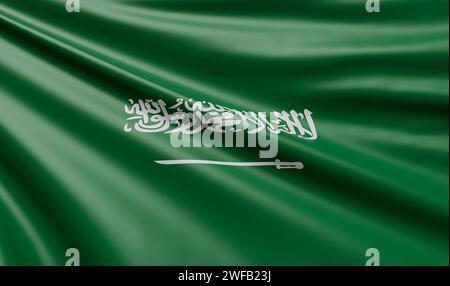 Tessuto satinato con bandiera dell'Arabia Saudita - rappresentazione illustrazione 3D. Foto Stock